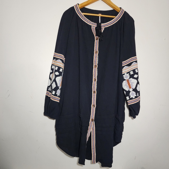 Free People High-low Caftan Dress With Embroidery Button Down Front Size XS - Picture 2 of 11